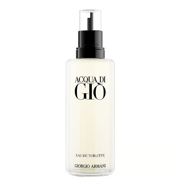 Giorgio Armani Acqua di Giò EdT 150 ml refill-flaska – en minimalistisk, genomskinlig påfyllningsflaska med svart kork och stilren design för den klassiska fräscha herrdoften.