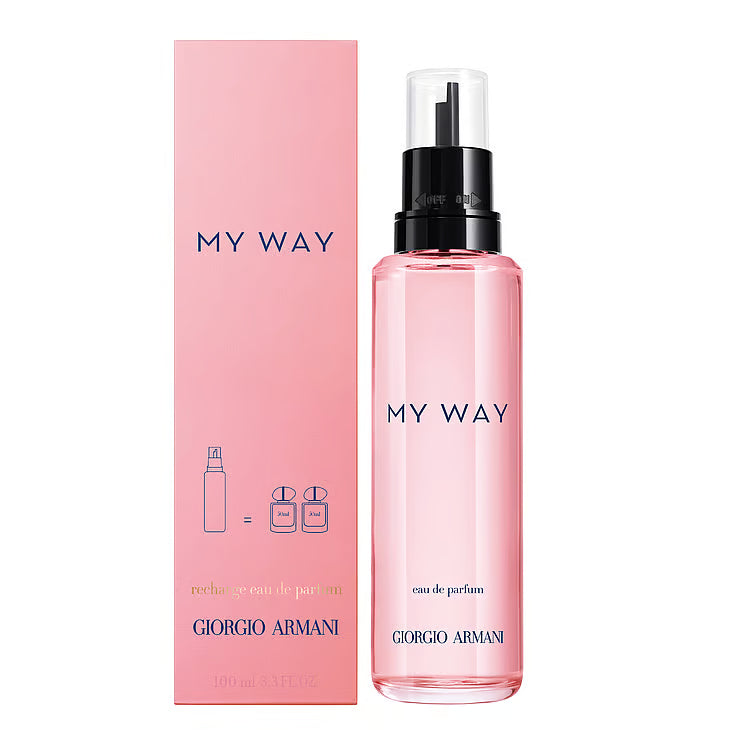 Giorgio Armani My Way EdP 100 ml refill-flaska bredvid sin rosa förpackning med påfyllningsinstruktioner.