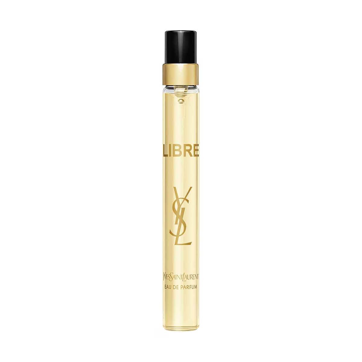 Yves Saint Laurent (YSL) Libre Eau De Parfum 10 ml miniature flaske – en liten glasflaska med det ikoniska svarta, asymmetriska locket med guldringar och den guldfärgade YSL-logotypen som slingrar sig runt glaset.
