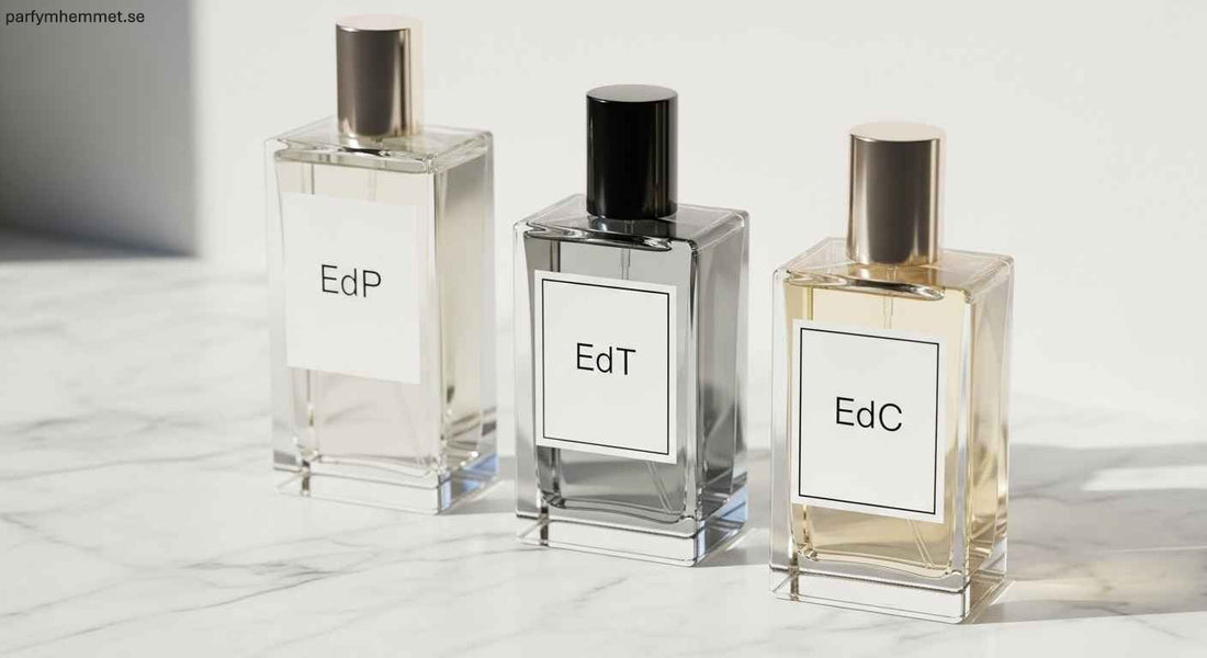 Skillnaden mellan edp, edt och edc - Tre stilrena parfymflaskor sida vid sida på en marmorskiva som illustrerar skillnaden mellan doftkoncentrationerna EdP, EdT och EdC.
