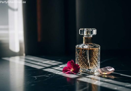 Få parfym att hålla längre: En elegant parfymflaska i solljus på ett marmorbord, en bild som symboliserar tips för en långvarig doft.