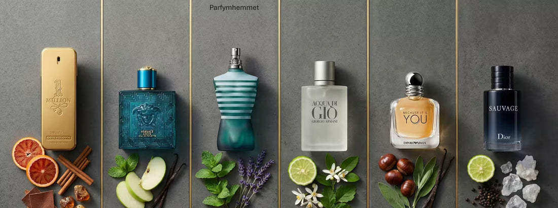 Sex populära parfymer (1 Million, Eros, Le Male, Acqua Di Giò, Armani, Sauvage) mot en grå bakgrund med tillhörande doftnoter under varje flaska.