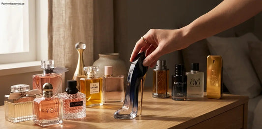 Hand som tar en parfymflaska ur en samling på en byrå vid fönstret – illustrerar parfymens hållbarhet och hur du kan förvara parfym hemma.
