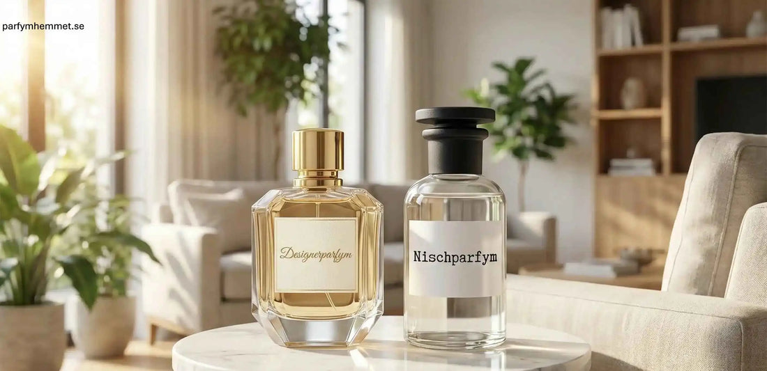 Parfymflaskor märkta ”Designerparfym” och ”Nischparfym” på ett bord i hem miljö