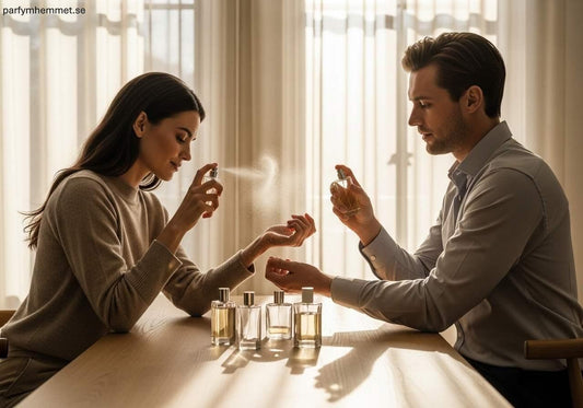 Vilken parfym ska jag välja – en fråga symboliserad av ett elegant svenskt par som testar olika parfymer i mjukt dagsljus.
