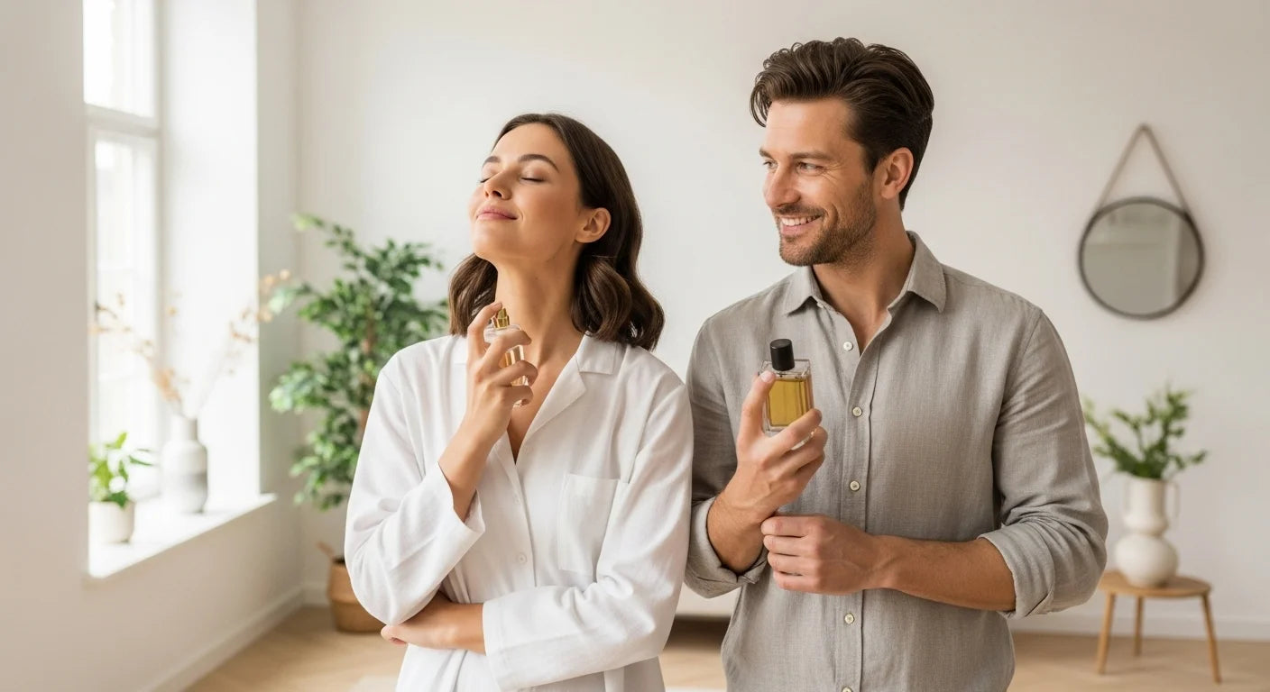 Lyckligt par som njuter av sin signaturdoft från Parfymhemmet. 