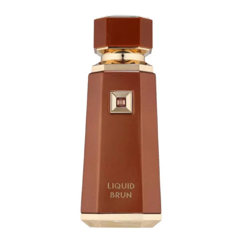 French Avenue Liquid Brun EdP 100 ml – en exklusiv, mångkantig chokladbrun glasflaska med lyxiga guldiga detaljer och ett kvadratiskt emblem i mitten, stående mot en vit bakgrund.