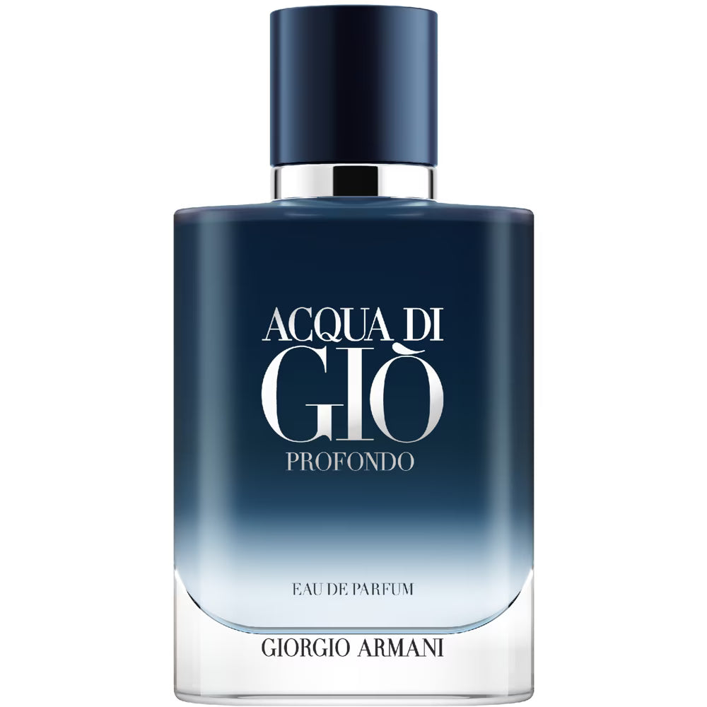Giorgio Armani Acqua di Giò Profondo EdP herrparfym – en elegant glasflaska med en djup havsblå till transparent toning, prydd med silvrig text och en matt mörkblå kork.