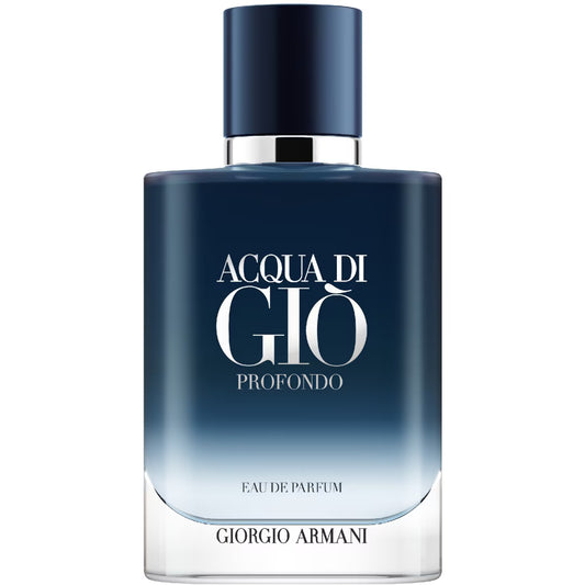 Giorgio Armani Acqua di Giò Profondo EdP herrparfym – en elegant glasflaska med en djup havsblå till transparent toning, prydd med silvrig text och en matt mörkblå kork.