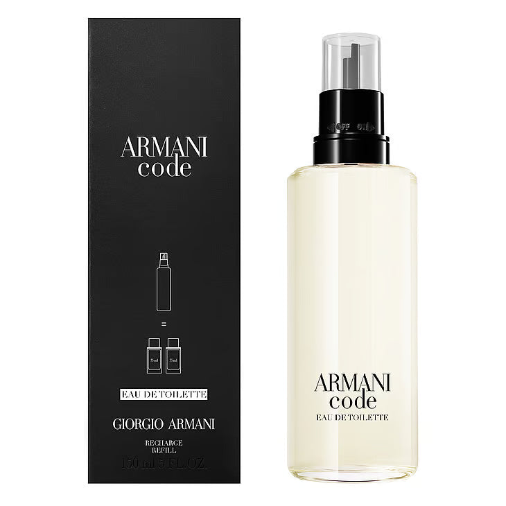 Giorgio Armani Code EdT 150 ml refill-flaska – en transparent glasflaska med svart påfyllningspump, stående bredvid sin eleganta svarta originalask som visar en illustration av påfyllningsvärdet.