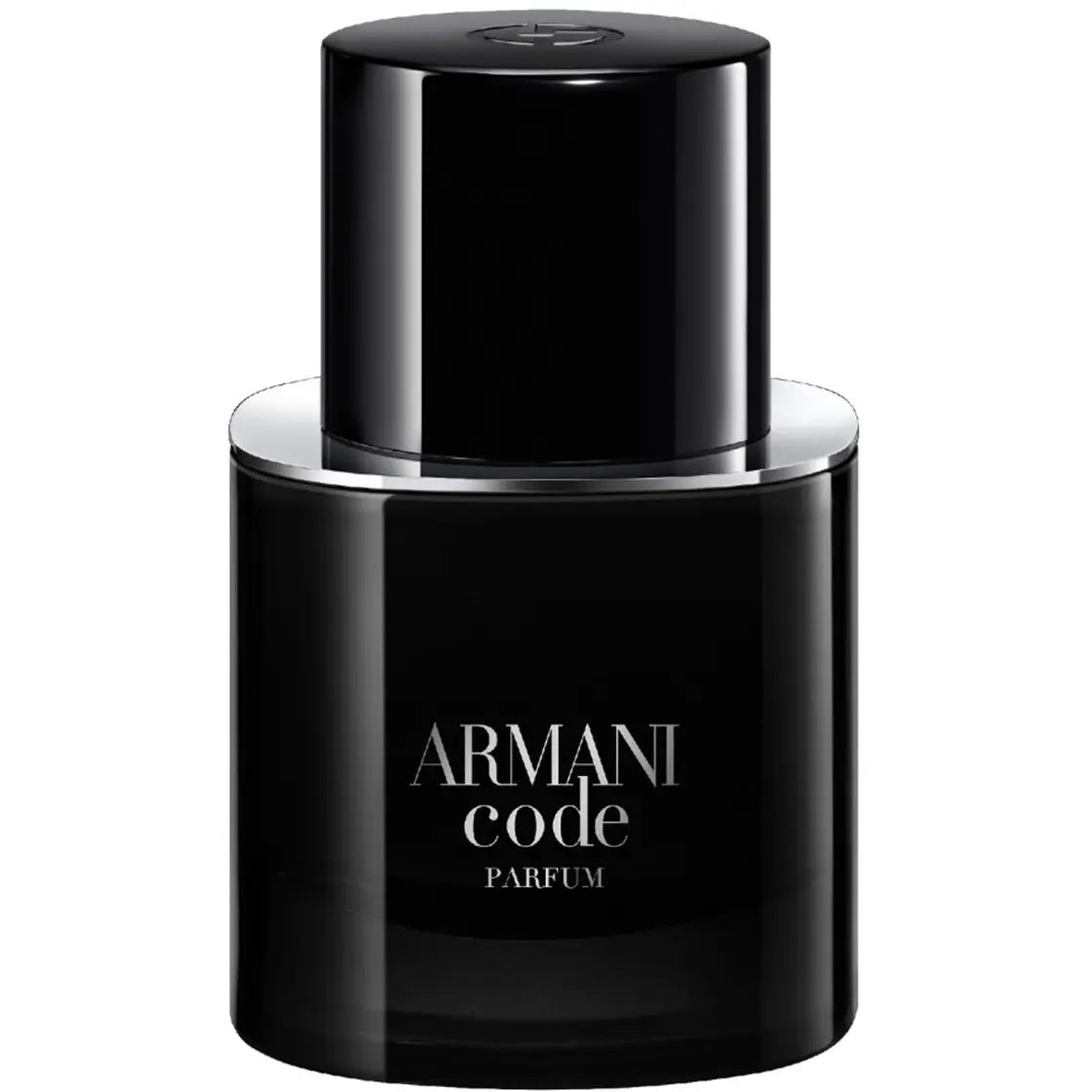 Giorgio Armani Code Parfum – en modern och elegant, helt djupsvart cylindrisk glasflaska med en distinkt silvrig ring under den magnetiska korken.