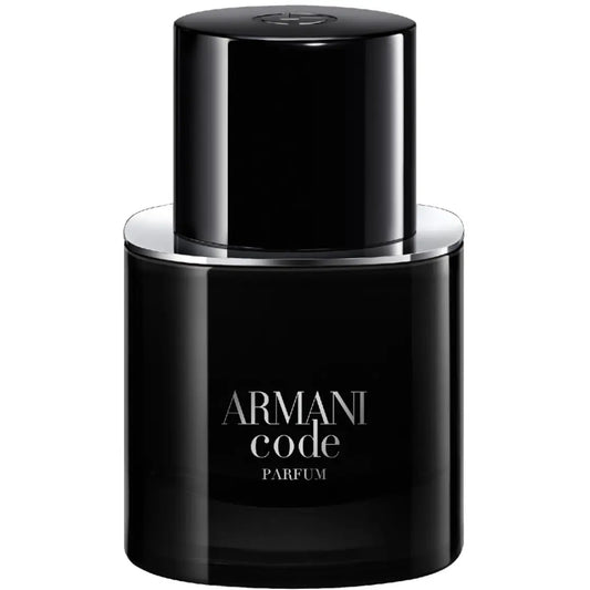 Giorgio Armani Code Parfum – en modern och elegant, helt djupsvart cylindrisk glasflaska med en distinkt silvrig ring under den magnetiska korken.