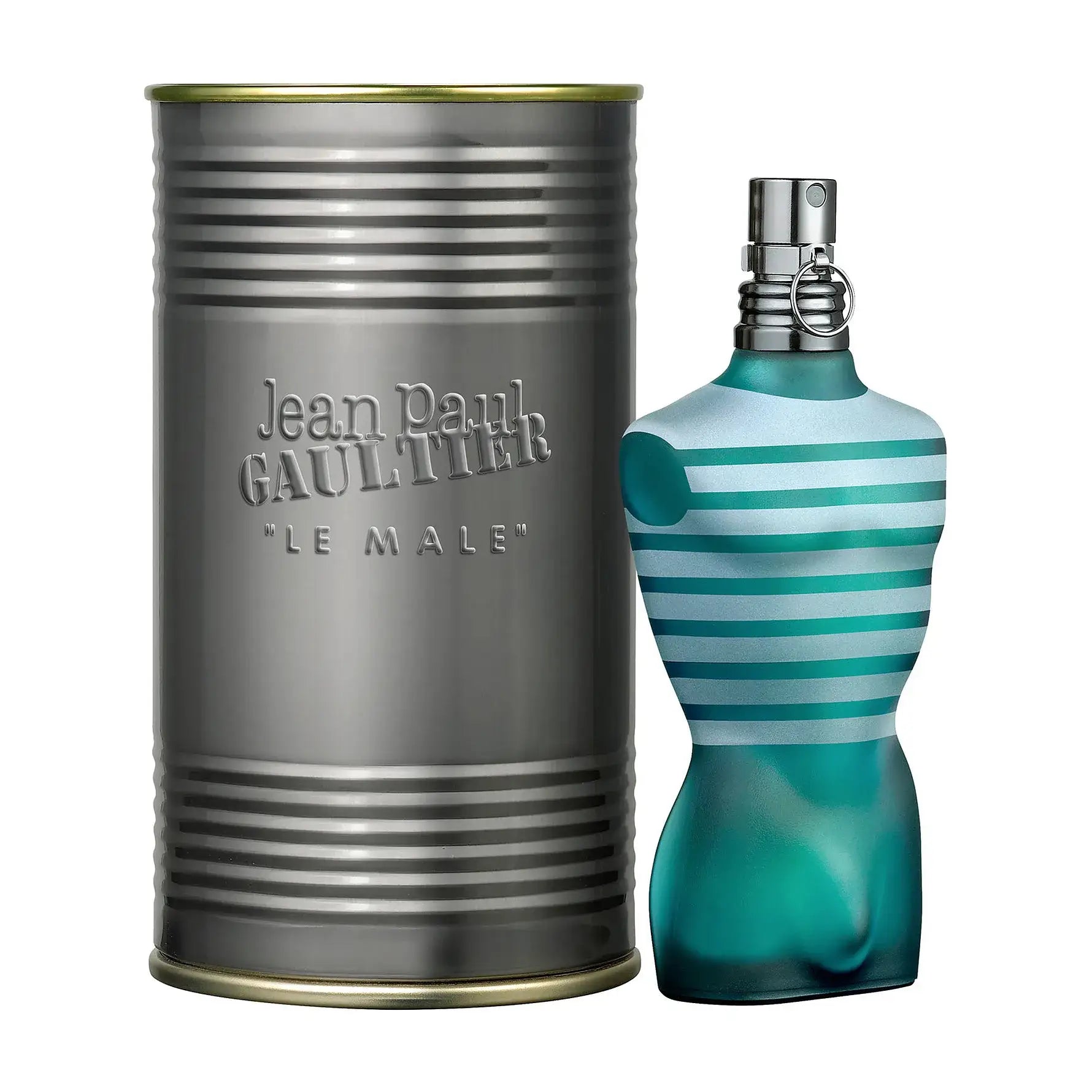 Jean Paul Gaultier Le Male Eau de Toilette 75 ml parfymflaska formad som en manskropp bredvid sin ikoniska plåtburk.
