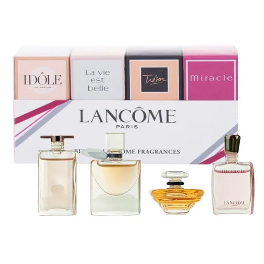Lancôme Best Of Fragrances Set damparfym – en elegant vit presentask med märkets logotyp, tillsammans med fyra exklusiva miniatyrflaskor uppställda framför: Idôle, La Vie Est Belle, Trésor och Miracle.