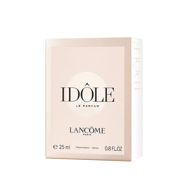 Lancôme Idôle EdP parfymförpackning – en stilren ljusrosa ask med guldiga kanter och texten IDÖLE LE PARFUM tydligt tryckt i mitten.