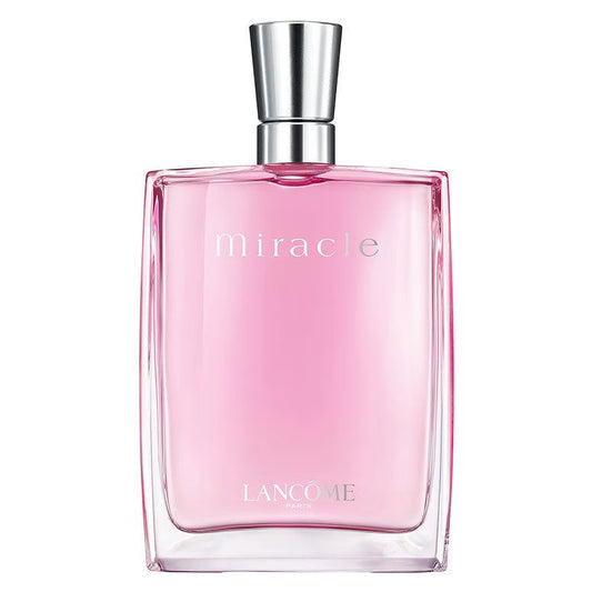 Lancôme Miracle EdP – en klassisk och minimalistisk genomskinlig glasflaska fylld med en ljust rosa vätska och en stilren silvrig kork.