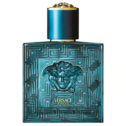Versace Eros EdT herrparfym – en turkos fyrkantig glasflaska med det ikoniska Medusa-huvudet i relief och grekiskt mönster under en elegant guldkork.